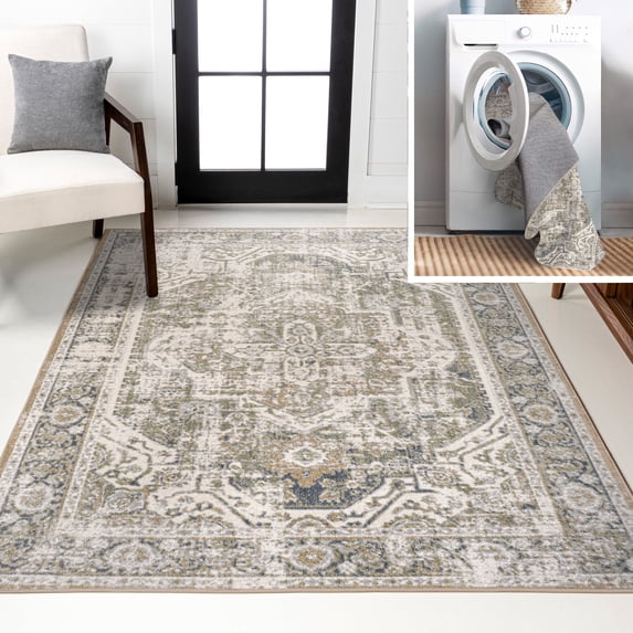 JONATHAN Y WASHABLE 8 x 10 Area Rug, Keesha Bold Distressed Medallion - Green/Cream, WSH316C-8