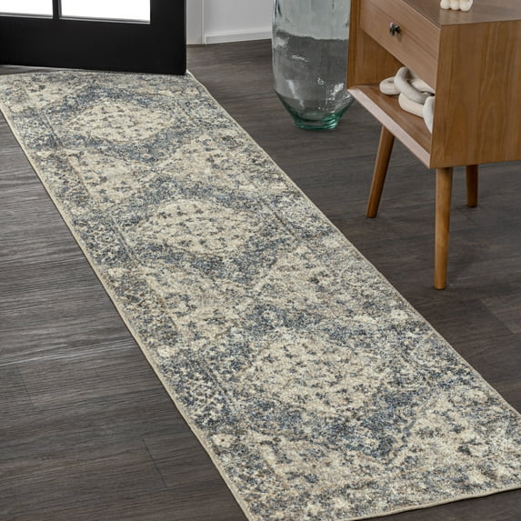 JONATHAN Y WASHABLE 2 x 8 Runner Rug, Pavel Distressed Medallion - Blue/Cream, WSH317A-28