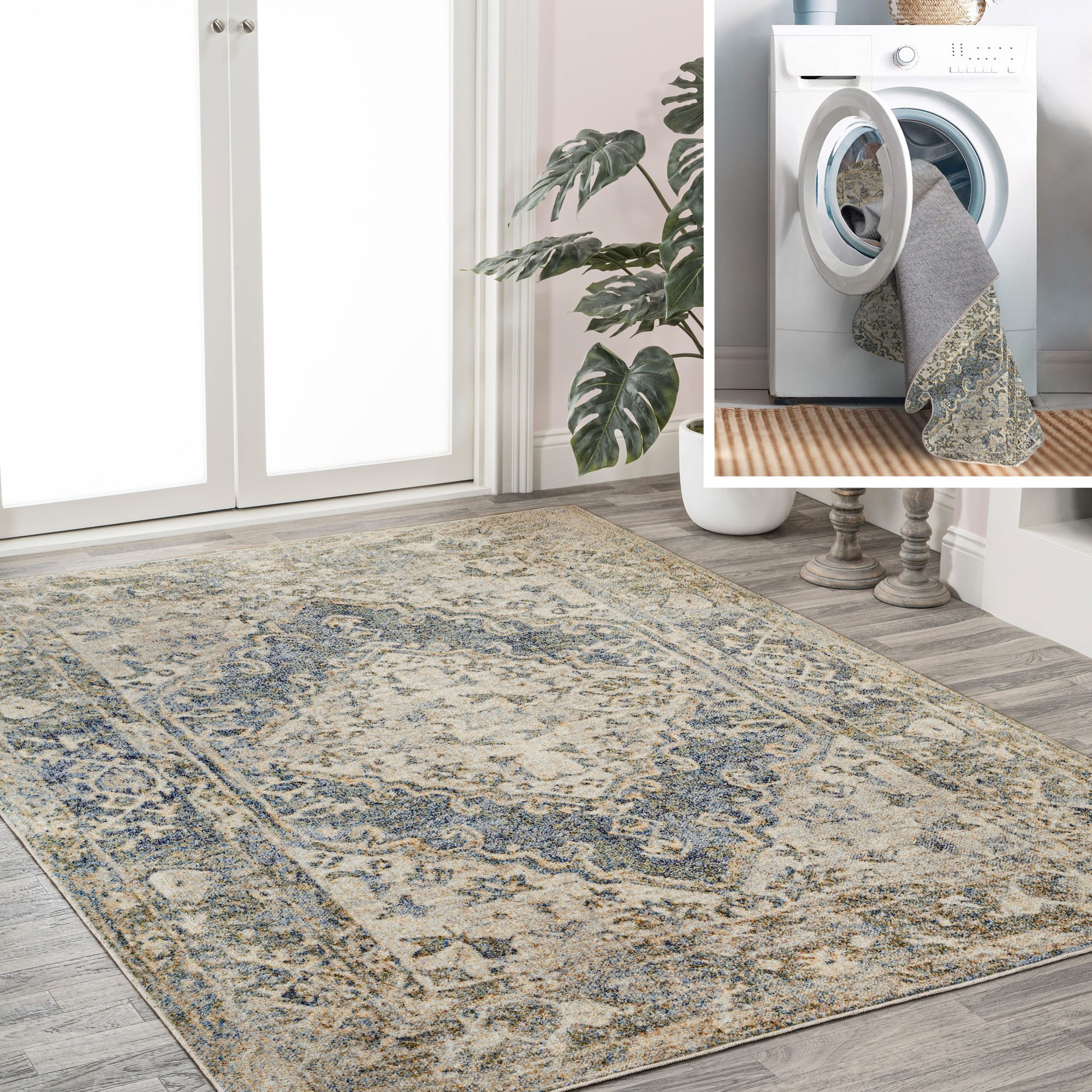 Pavel Distressed Blue and Cream Synthetic Medallion Washable Area Rug 5'3" x 7'7"