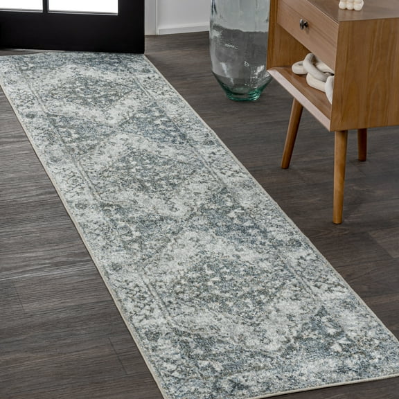 JONATHAN Y WASHABLE 2 x 8 Runner Rug, Pavel Distressed Medallion - Light Gray/Blue, WSH317B-28