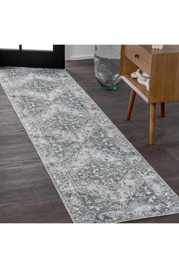 WASHABLE 2 x 8 Runner Rug, Pavel Distressed Medallion - Light Gray/Blue, WSH317B-28