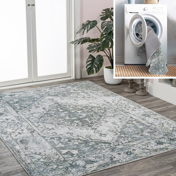 JONATHAN Y WASHABLE 8 x 10 Area Rug, Pavel Distressed Medallion - Light Gray/Blue, WSH317B-8