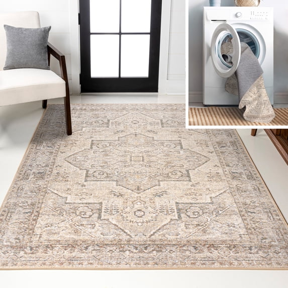 JONATHAN Y WASHABLE 8 x 10 Area Rug, Koda Vintage Medallion - Cream/Brown, WSH318A-8