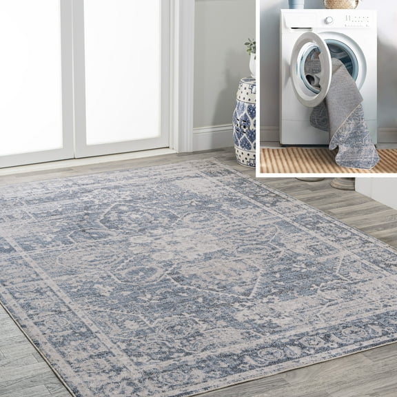 JONATHAN Y WASHABLE 5 x 8 Area Rug, Shaii Global Medallion - Blue/Light Gray, WSH319A-5