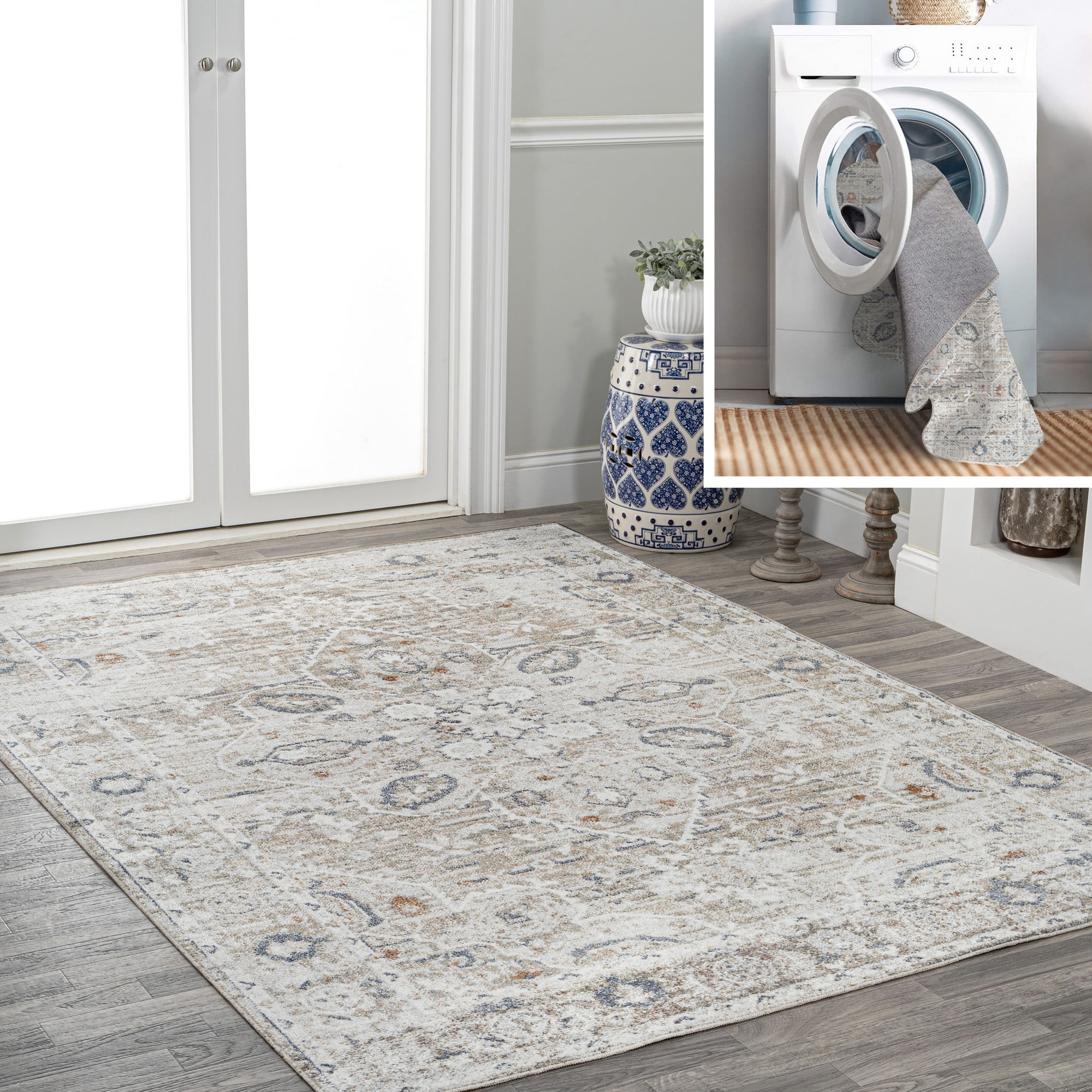 Light Gray and Brown Synthetic Medallion Washable Area Rug