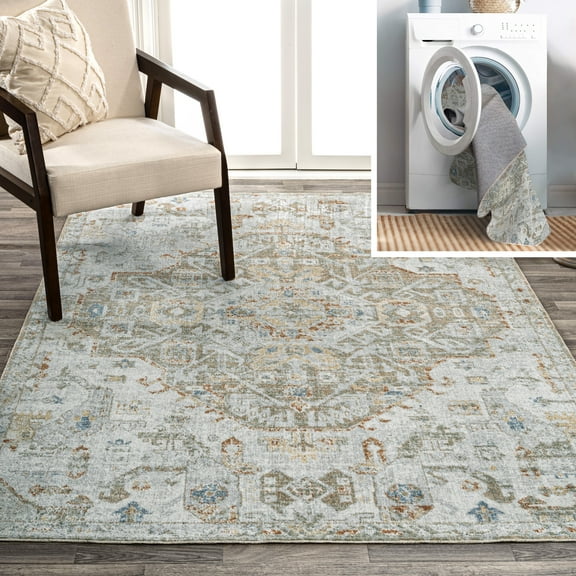 JONATHAN Y WASHABLE 4 x 6 Area Rug, Shaemus Bohemian Medallion - Cream/Brown/Green, WSH320A-4
