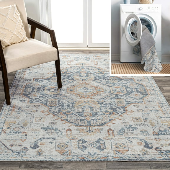 JONATHAN Y WASHABLE 8 x 10 Area Rug, Shaemus Bohemian Medallion - Cream/Blue/Terra, WSH320C-8