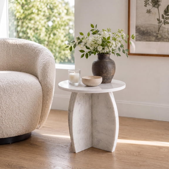 JONATHAN Y White Banswara Marble Natural Marble End Table, 17.5" Round Contemporary X-Shaped Side Table, Minimalist Modern Handmade Accent Table MTB1105B