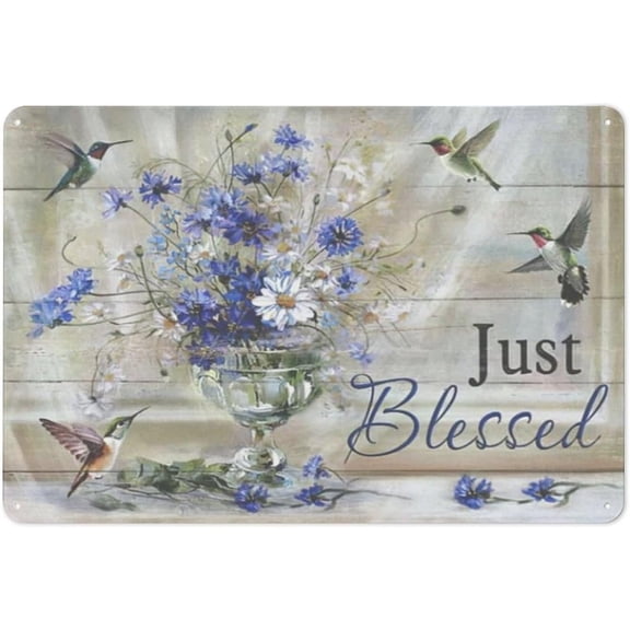 Rustic Metal Tin Sign Farmhouse Cotton Decor Wall Art Hummingbird Floral Motivational Pictures Rustic Cotton Painting Artwork for Bathroom Living Room Bedroom 8x12 Inch