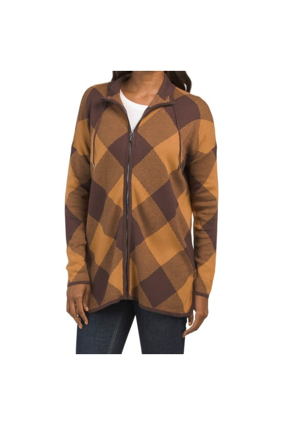 Women's Buffalo Plaid Lightweight Knit Full Zip Poncho Jacket-Brown / M