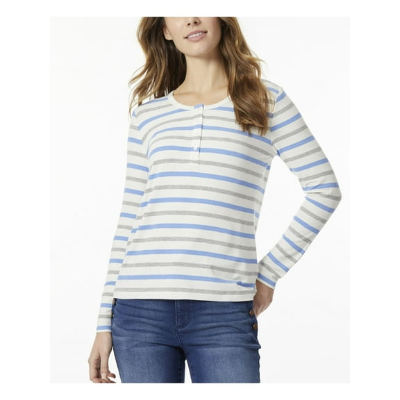 JONES NEW YORK Womens Beige Striped Long Sleeve Scoop Neck Top L