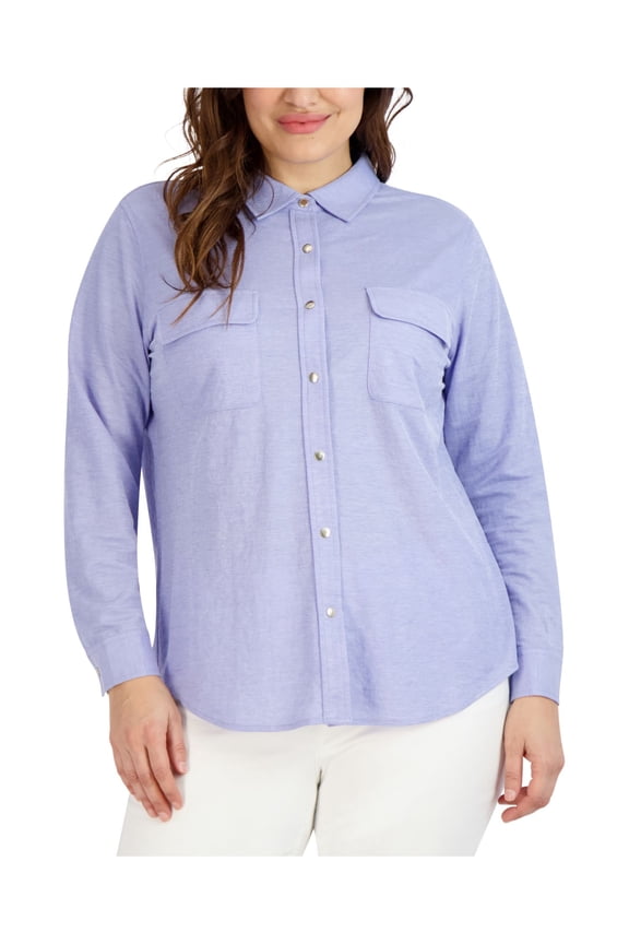 Womens Blue Chambray Pocketed Snap Front Curved Hem Heather Long Sleeve Point Collar Top Plus 1X
