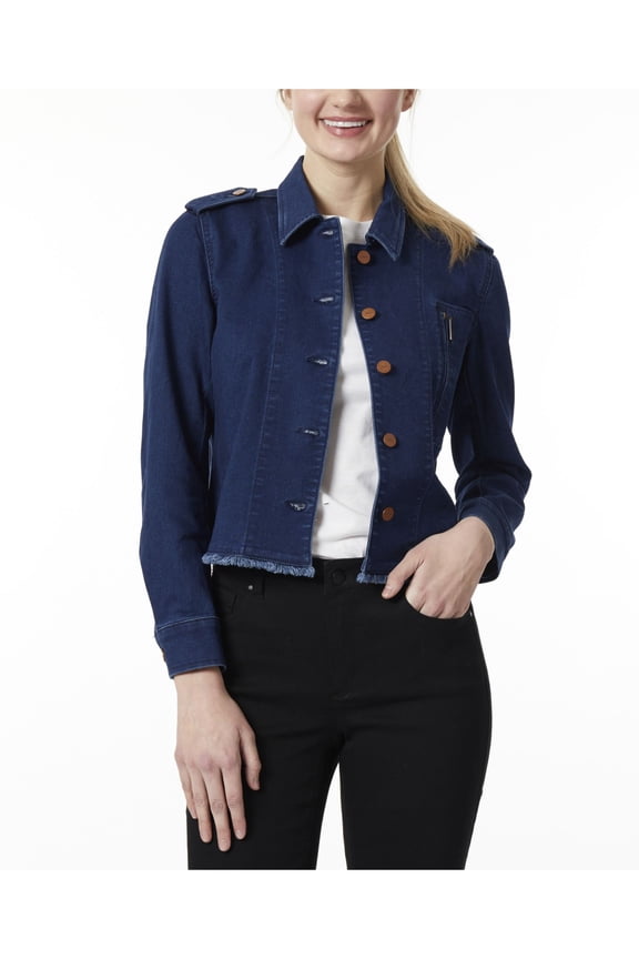 Womens Blue Frayed Pocketed Zippered Button Down Denim Jacket L