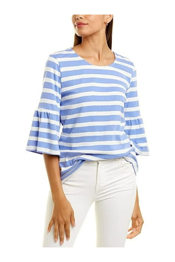 Womens Blue Striped Bell Sleeve Crew Neck Top S