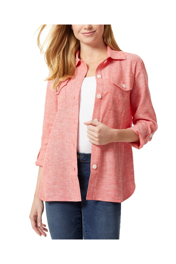 Womens Coral Pocketed Curved Hem Shacket Heather Button Down Jacket M