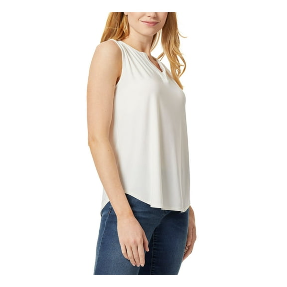JONES NEW YORK Womens Ivory Smocked Pullover Curved Hem Sleeveless Split Top XL