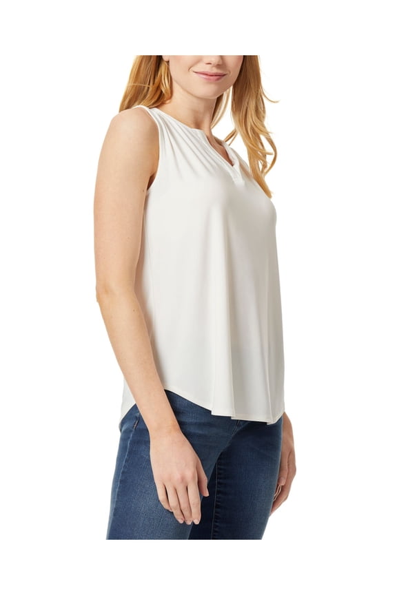 Womens Ivory Smocked Pullover Curved Hem Sleeveless Split Top XL