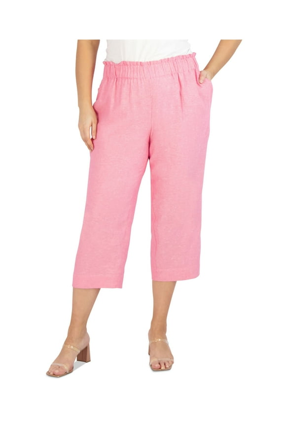 Womens Red Pocketed Ruffled Pull-on Cropped Heather Wear To Work High Waist Pants Plus 3X