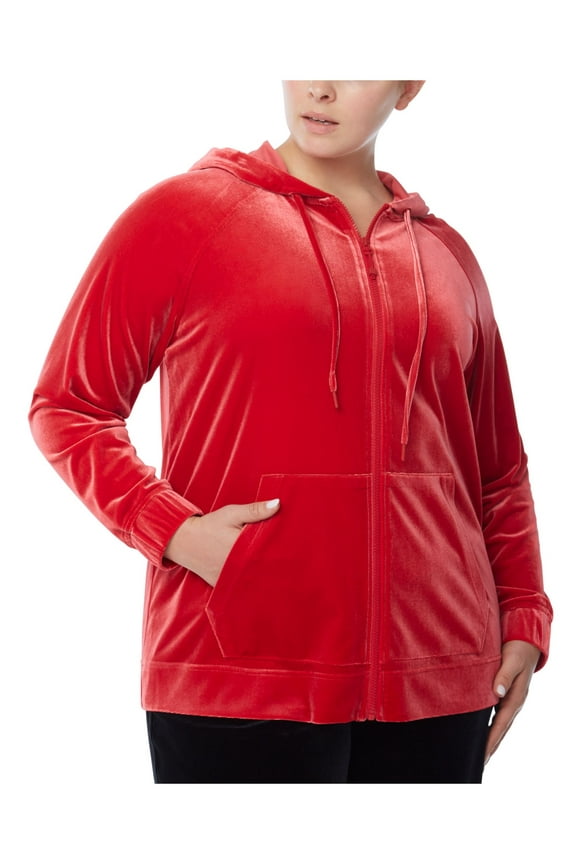 Womens Red Zippered Pocketed Drawstring Long Sleeve Hoodie Top Plus 3X