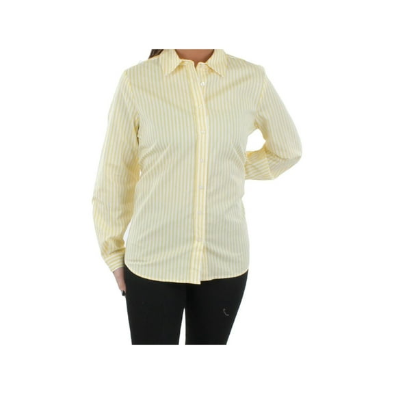 JONES NEW YORK Womens Yellow Pleated Shirttail Hem Striped Cuffed Sleeve Collared Button Up Top L