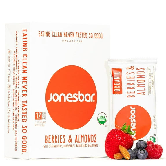 JONESBAR (Berries and Almonds, 12 Count (Pack of 1)), USDA Organic Fruit & Nut Bar, Non-GMO, Kosher, Vegan, Gluten Free, Simple Snack Bar