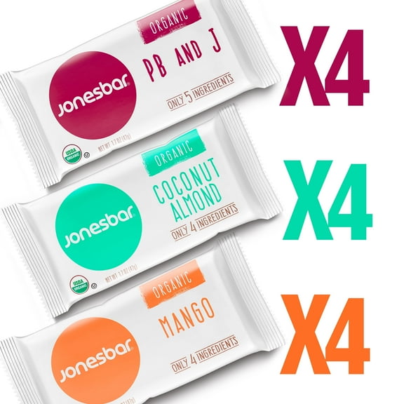 JONESBAR (Fruit Lovers, 12 Count (Pack of 1)), USDA Organic Fruit & Nut Bar, Non-GMO, Kosher, Vegan, Gluten Free, Simple Snack Bar