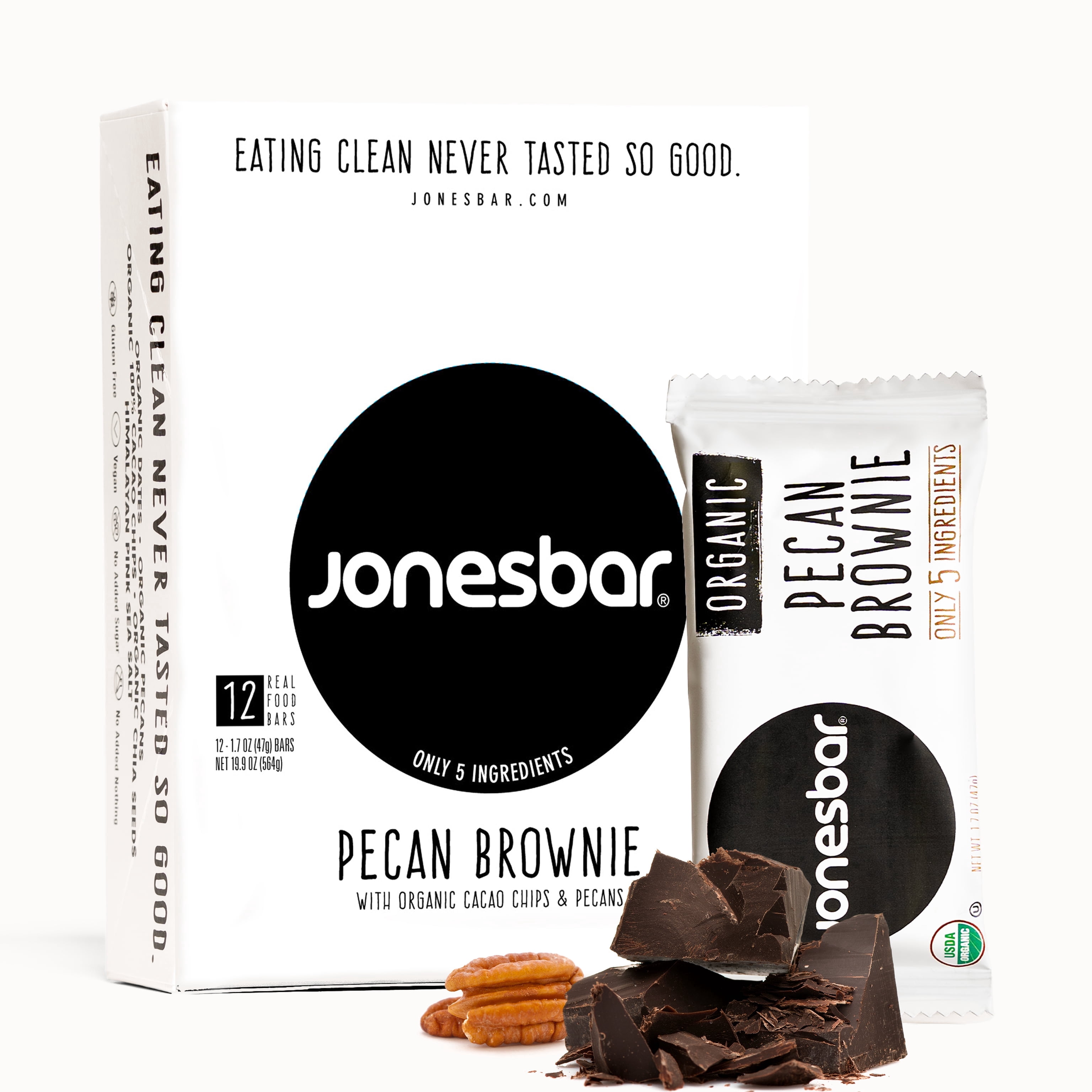 JONESBAR (Pecan Brownie, 12 Count (Pack of 1)), USDA Organic Fruit & Nut Bar, Non-GMO, Kosher, Vegan, Gluten Free, Simple Snack Bar