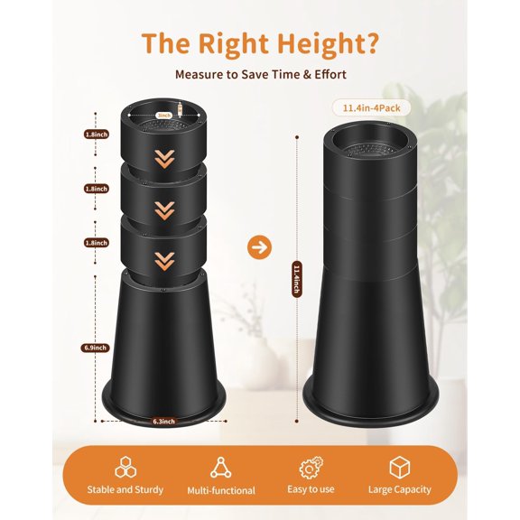 JONHWI Bed Risers, 11.4 Inch Round Furniture Riser Adjustable Heavy Duty Raise Blocks for Bed Couch Table Desk - Supports up to 6,000 lb (Black, 4 Pack)