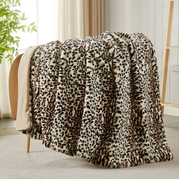 JONIYEAR Cozy Plush Brown Cheetah Faux Rabbit Fur Blanket Twin Size 60" x 70",Decorative Thick Fuzzy Leopard Lap Blanket, Soft Fluffy Animal Printed Shaggy Blanket,Warm Blanket for Winter Fall, Cream