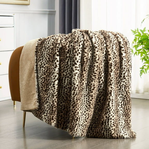 JONIYEAR Cozy Plush Striped Brown Cheetah Faux Rabbit Fur Blanket 50" x 60",Decorative Thick Fuzzy Leopard Lap Blanket for Women,Soft Fluffy Animal Printed Shaggy Blanket,Warm Blanket for Winter Fall