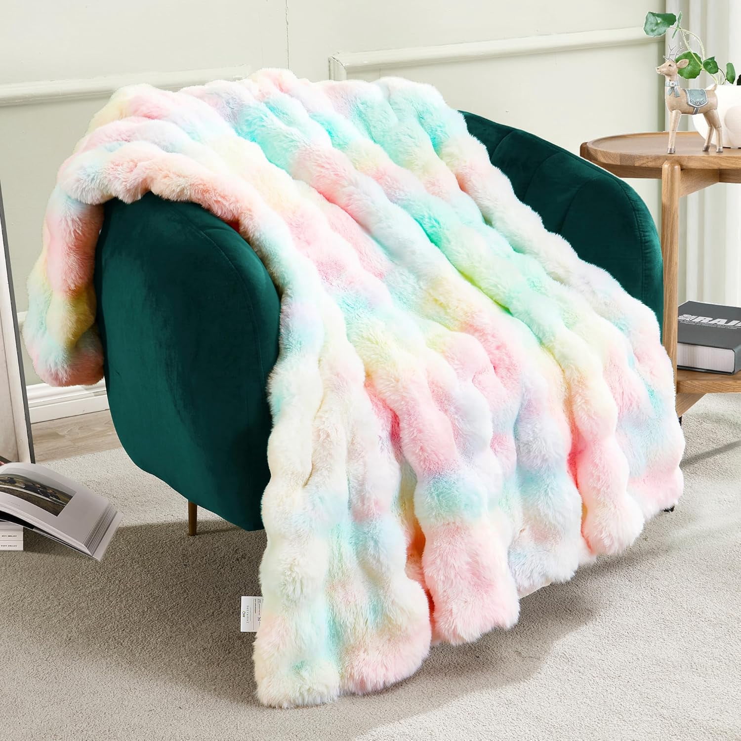JONIYEAR Soft Decorative Colorful Bubble Faux Rabbit Fur Throw Blanket 50" x 60", Extra Thick Textured Warm Fluffy Blanket,Luxury Shaggy Cute Cozy Fuzzy Furry Lap Blanket for Couch Women Girl,Rainbow