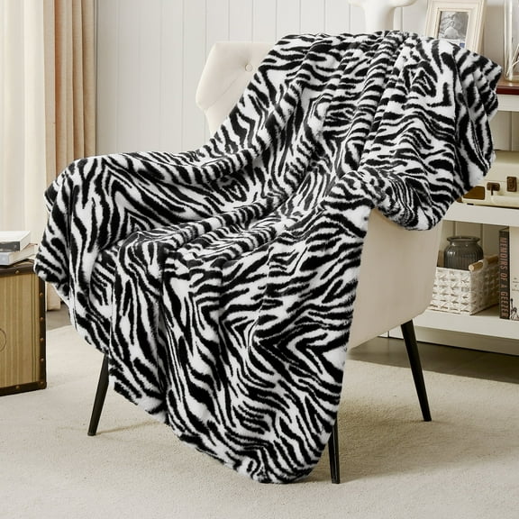 JONIYEAR Decorative Fuzzy Ridge Zebra Print Faux Rabbit Fur Blanket 50" x 60",Double Sided Soft Thick Warm Shaagy Fluffy Blankets for Winter, Cute Cozy Plush Animal Blanket for Women, White and Black