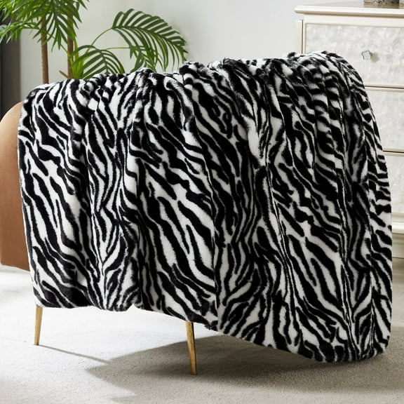 JONIYEAR Decorative Fuzzy Zebra Print Faux Rabbit Fur Blanket 50" x 60",Double Sided Soft Thick Warm Shaagy Fluffy Blankets for Winter, Cute Cozy Plush Animal Blanket for Women Kids, White and Black