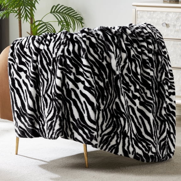 JONIYEAR Decorative Fuzzy Zebra Print Faux Rabbit Fur Blanket Twin Size 60" x 70",Double Sided Soft Thick Warm Shaagy Fluffy Blankets for Winter, Cozy Plush Animal Blanket for Women, White and Black