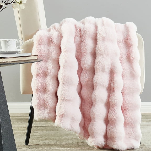 JONIYEAR Decorative Pink Bubble Faux Rabbit Faux Fur Throw Blanket 50" x 60", Super Soft Double Sided Cozy Accent Puffy Warm Furry Blanket for Winter, Lovely Cute Washable Fuzzy Blanket for Women Gir
