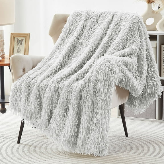 JONIYEAR Decorative Plush Fluffy Feather Faux Fur Throw Blanket for Couch Sofa 50" x 60", Extra Soft Long Hair Shaggy Fuzzy Blanket, Double Sided Luxury Warm Furry Blanket for Gift Wedding Bed, Grey