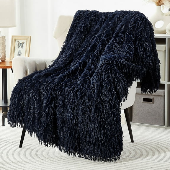 JONIYEAR Decorative Plush Fluffy Feather Faux Fur Throw Blanket for Couch Sofa 50" x 60", Extra Soft Long Hair Shaggy Fuzzy Blanket, Double Sided Luxury Warm Furry Blanket for Gift Wedding, Navy Blue