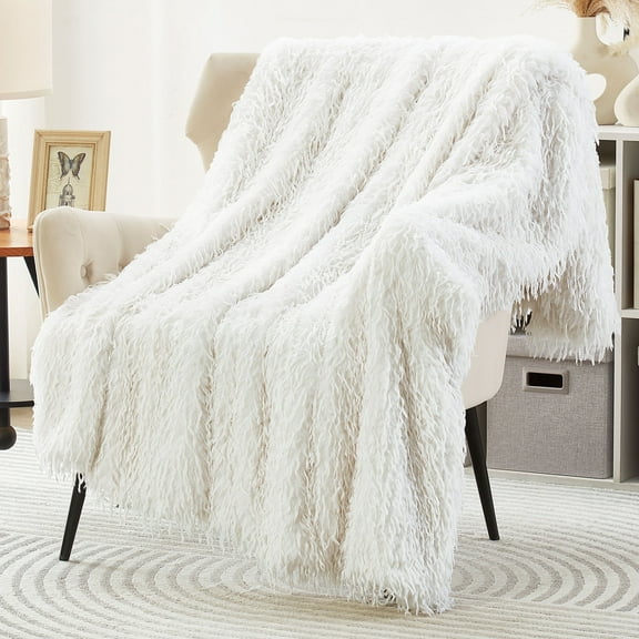 JONIYEAR Decorative Thick Fluffy Feather Faux Fur Throw Blanket for Couch Sofa 50" x 60", Extra Soft Long Hair Shaggy Fuzzy Blanket, Reversible Warm Winter Cozy Furry Blanket for Gift Wedding, White