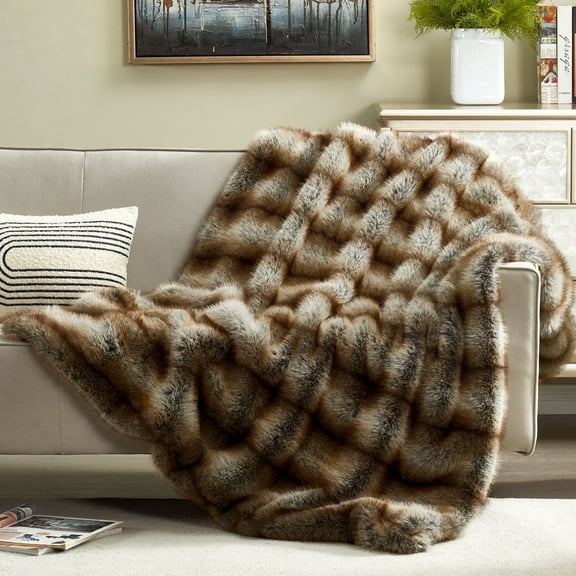 JONIYEAR High-end Long Pile Fluffy Faux Bear Fur Throw Blanket 50" x 60",Luxury Soft Double Sided Cozy Accent Wolf Fuzzy Blanket for Couch Sofa,Warm Animal Skin Furry Blanket for Winter,Reddish Brown