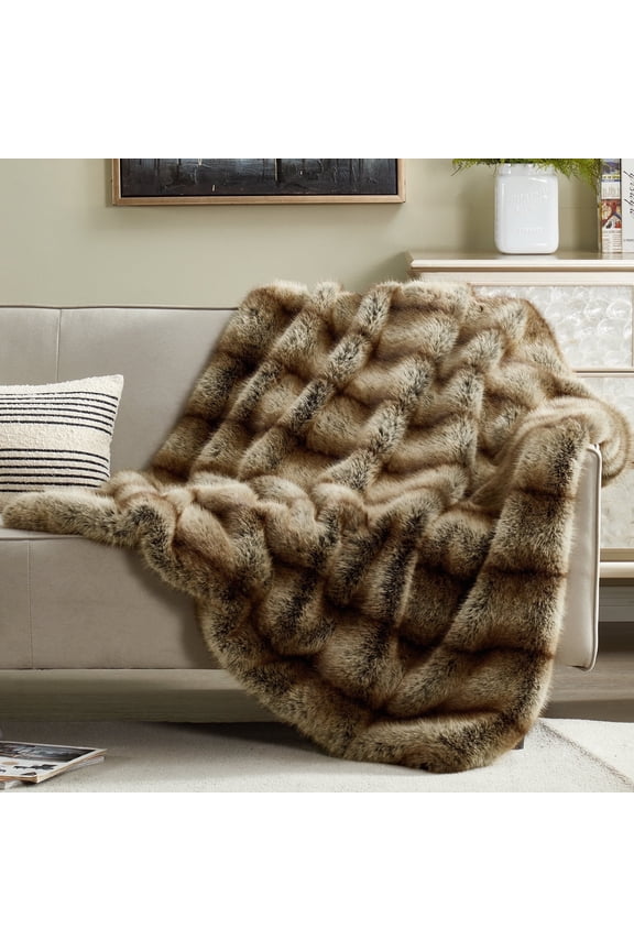 High-end Luxury Thick Fuzzy Faux Lion Fur Throw Blanket 50" x 60", Decorative Soft Cozy Accent Animal Skin Fluffy Lap Blanket for Couch,Warm Stripe Wolf Furry Blanket for Winter,Golden Brown