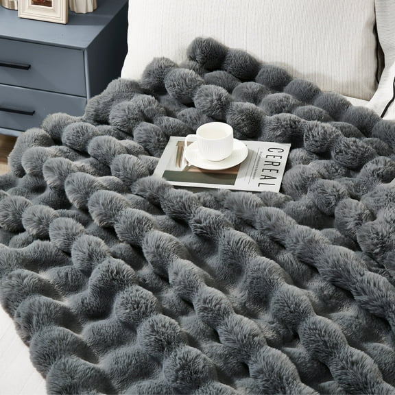 JONIYEAR Large Solid Thick Bubble Faux Rabbit Fur Bed Blanket Queen Size 80" x 90", Decorative Cute Cozy Fluffy Gray Warm Blanket for Winter, Reversible Big Luxe Fuzzy Comfy Shaggy Furry Blanket, Gre