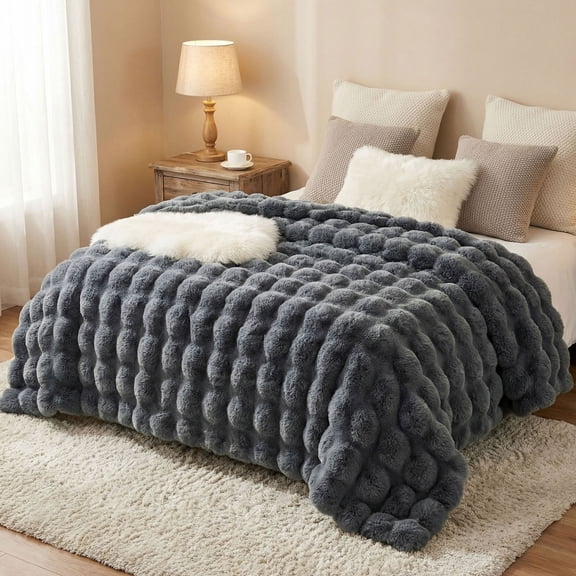 JONIYEAR Large Solid Thick Bubble Faux Rabbit Fur Bed Blanket Queen Size 80" x 90", Decorative Cute Cozy Fluffy Gray Warm Blanket for Winter, Reversible Big Luxe Fuzzy Comfy Shaggy Furry Blanket, Gre
