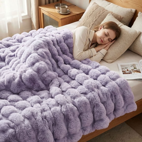 JONIYEAR Soft Fluffy Oversized Bubble Faux Rabbit Fur Throw Blanket 60" x 70", Reversible Solid Thick Warm Fuzzy Blanket for Winter, Luxury Cozy Shaggy Furry Blankets for Bed, Twin Size, Lilac Purple