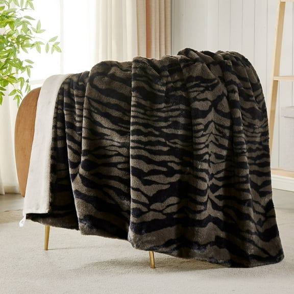 JONIYEAR Soft Fluffy Tiger Print Faux Rabbit Fur Blanket Twin Size 60" x 70",Luxury Decorative Cozy Shaggy Fuzzy Blanket,Reversible Warm Animal Printed Blanket for Women Winter,Washable,Brown Coffee