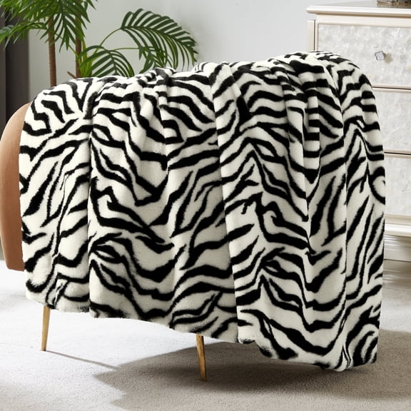 JONIYEAR Soft Fluffy Zebra Print Faux Rabbit Fur Blanket Throw Size 50" x 60", Luxury Cozy Shaggy Fuzzy Blanket, Reversible Warm Animal Printed Blanket for Women Winter,Washable,Cream White and Black
