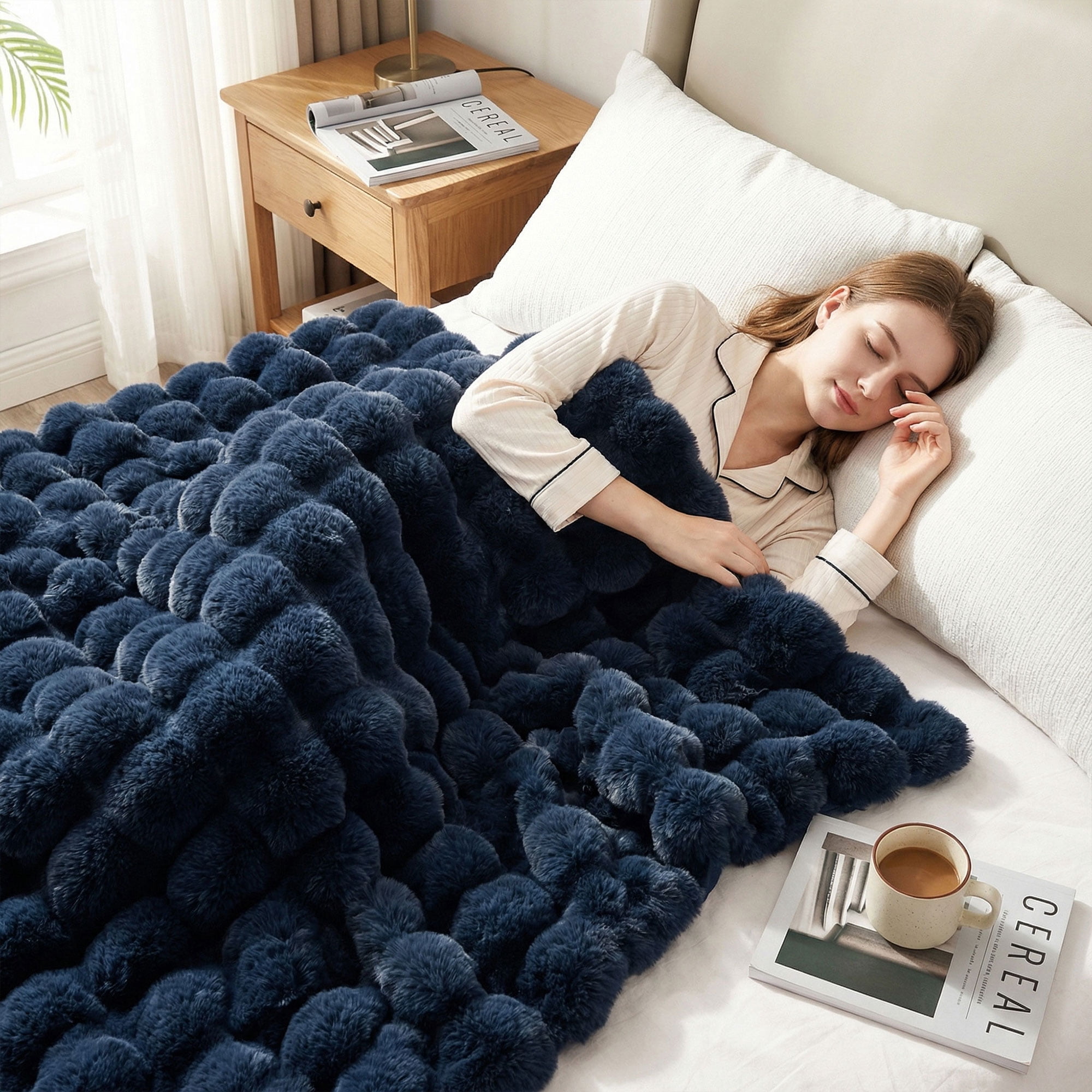 JONIYEAR Soft Solid Decorative Fuzzy Bubble Faux Rabbit Fur Throw Blanket for Couch 50" x 60", Double Sided Cute Plush Thick Warm Fluffy Blanket,Luxury Cozy Puffy Shaggy Comfy Furry Blanket,Navy Blue