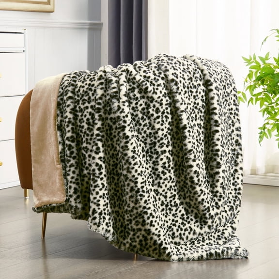 JONIYEAR Soft White Snow Leopard Faux Rabbit Fur Blanket Twin Size 60" x 70", Luxe Cozy Fluffy Cheetah Blanket for Couch Chair, Reversible Fuzzy Warm Animal Printed Blanket for Women Winter,Washable