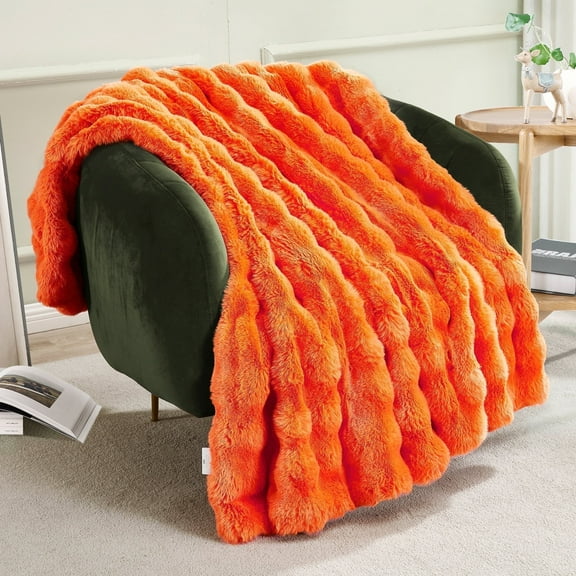 JONIYEAR Soft Fall Bubble Faux Rabbit Fur Throw Blanket for Couch 50" x 60", Decorative Solid Luxury Comfy Puffy Warm Fuzzy Blanket, Extra Thick Shaggy Cozy Comfy Fluffy Blanket for Adult Kid, Orange