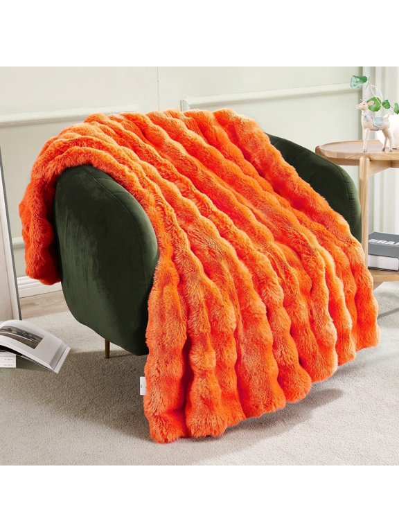 Soft Fall Bubble Faux Rabbit Fur Throw Blanket for Couch 50" x 60", Decorative Solid Luxury Comfy Puffy Warm Fuzzy Blanket, Extra Thick Shaggy Cozy Comfy Fluffy Blanket for Adult Kid, Orange