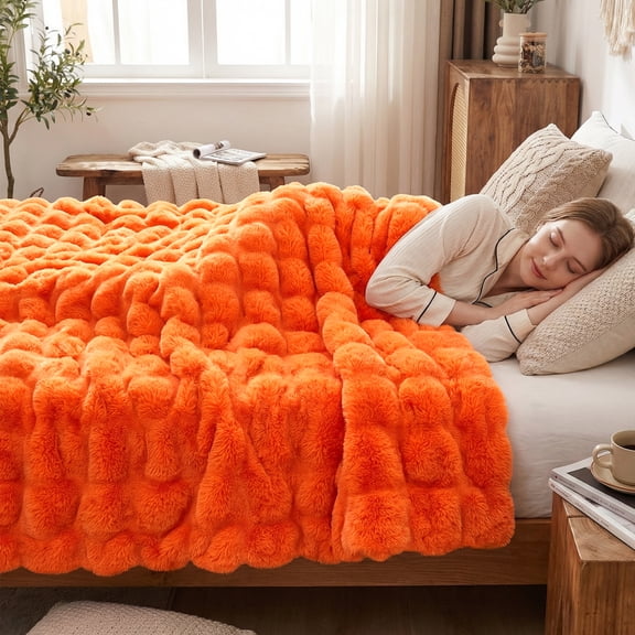 JONIYEAR Solid Fall Oversized Fuzzy Bubble Faux Rabbit Fur Blanket for Bed 60" x 70", Decorative Puffy Warm Fuzzy Blanket for Winter, Thick Shaggy Cozy Furry Blanket for Adult Kids, Twin Size, Orange